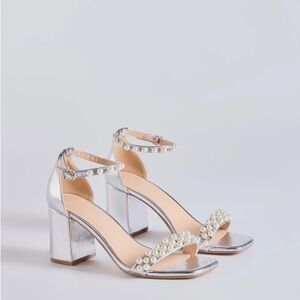 Silver Block Heeled Sandals with Pearl Accents
